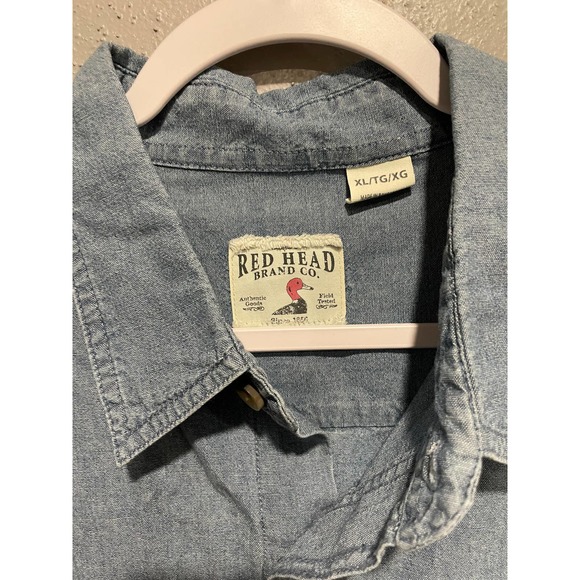 Redhead Brand Co Denim Jean Button Up Shirt Sz XL Short Sleeve Bass Embroidery - Picture 2 of 5